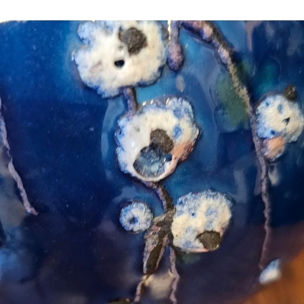 Vintage Italian Art Pottery Vase Cobalt Blue Textured Floral 184/1127 Italy 9in